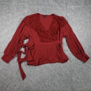 Torrid Top Womens 1X Red Lace Inset Faux Wrap Surplice Tie Long Sleeve‎ Gauze
